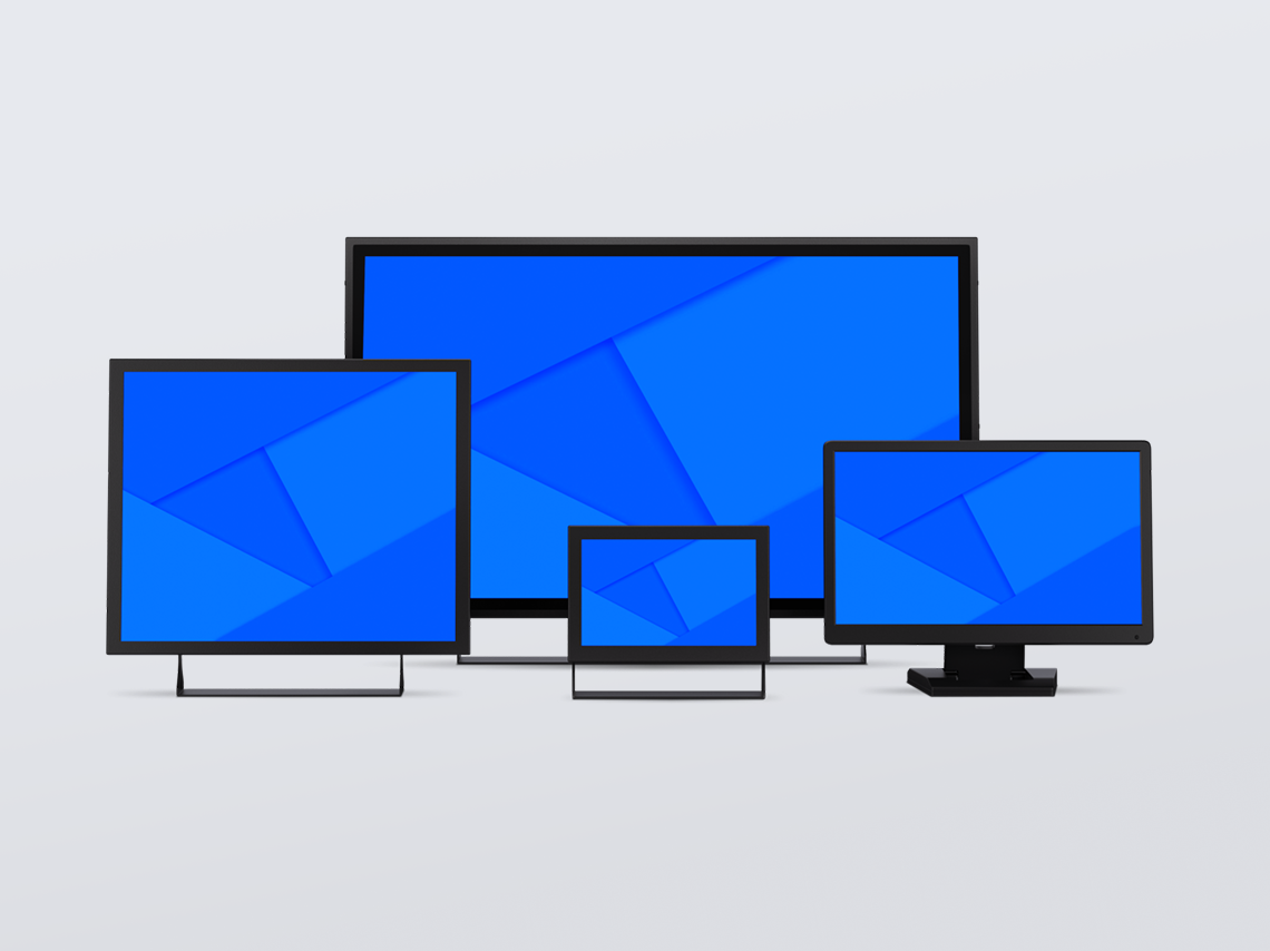 Professional display screens in multiple sizes, representing scalable monitor solutions for automotive, industrial, and commercial use.
